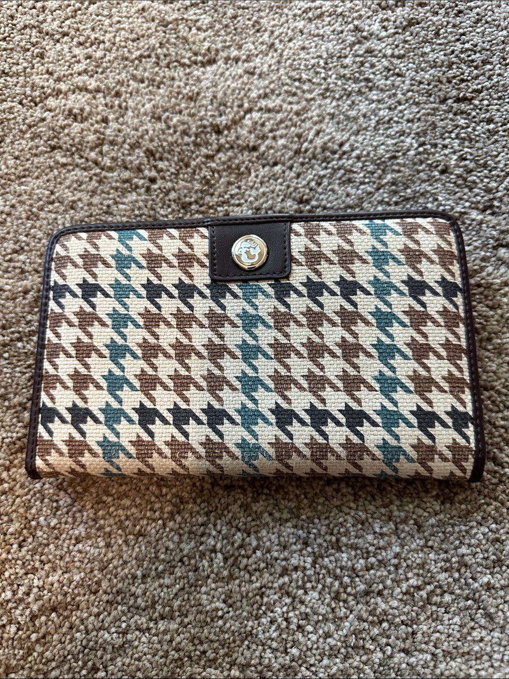Houndstooth Pattern Canvas Clutch Wallet - Brown/Teal/Black